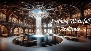 Library Ambience ASMR For Studying & Reading | Soothing Waterfall, Books, Creaks, and Typing Sounds