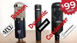 BUDGET Ribbon vs Dynamic vs Condenser Microphone (R144 vs SM57 vs AT2020) | shootout