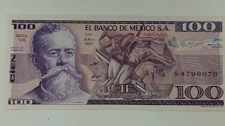 Cromóforos: Billete de 100 Pesos Mexicanos (1982, Sin Circular) bajo luz ultravioleta