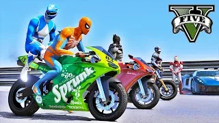 Motos Esportivas com Homem Aranha e Heróis! Desafio de Saltos na Mega Rampa! GTA V