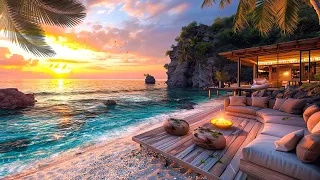 Beach Cafe Ambience Sunset with Smooth Bossa Nova Jazz and Ocean Wave Sounds for Relaxing and Focus
