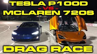 Tesla Model S P100D Ludicrous vs McLaren 720S 1/4 Mile Drag Racing