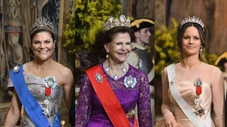 Sweden royals in glittering tiaras during dinner banquet for  French presidential couple! #royals