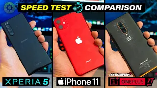 Sony Xperia 5 Vs iPhone 11 vs Oneplus 7t pro mclaren - Speed Test Comparison