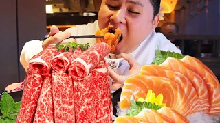 ¥259 A&C Buffet! M8 beef tender  salmon sashimi w/ mustard. City Chen big fat.
