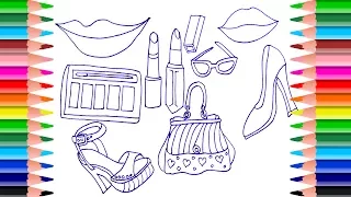 How to Draw Accessories for Girls | Coloring Pages: Lips, Lipstick, Womens Shoes, Handbag