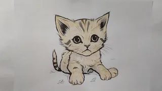Complete the coloring picture of a kitten with a sad face
