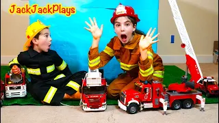 Firefighters Rescue Pretend Play! | Box Fort with Bruder Fire Trucks | JackJackPlays