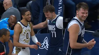 Luka Doncic in pain after Tyrese Haliburton's Dad tried to rip his arm off 😂