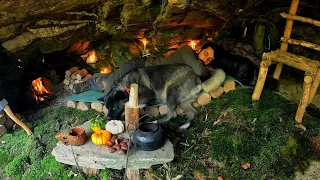 7 Days Solo Survival Camping In Rain Forest, Building Warm Bushcraft Cave Shelter with Fireplace