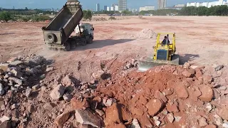 Full Project Best Action Landfill, Bulldozer D68P Pushing Large Stone into Water, Dump truck 25T ...