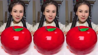 ASMR🍰Eating apple shaped cream cake 🍰 (soft and waxy sound)  크림 케ց 먹방 MUKBANG Satisfaction