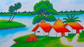 How to draw village scenery drawing beautiful riverside village landscape scenery beautiful nature