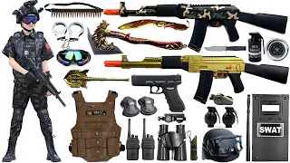 Special police weapon unboxing video,gold AK-47 rifle,camouflage AK-47,unboxing toy video,dagger,axe