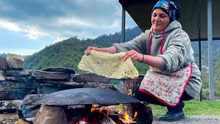 Delicious Large Kutabs with Fresh Greens Picked in the Mountains, Cooked on a Campfire