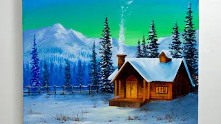 Winter Landscape Painting | Winter Night Cabin | Winter Acrylic Painting