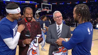 Jalen Brunson & Josh Hart gift Mike Breen and Walt 'Clyde' Frazier jersey's for 25 years together ❤️