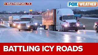 Line Of Semi-Trucks Get Stuck On Icy Incline On Interstate 20 In Texas