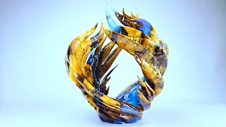 "Catching Fire" Wood and Resin turning and carving, lathe creation.  Fire, abstract.  Dan Preece