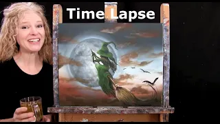 How to Draw and Paint Halloween "RIDE WITH A WITCH" - PAINTING TIME LAPSE - Acrylic Painting Lesson