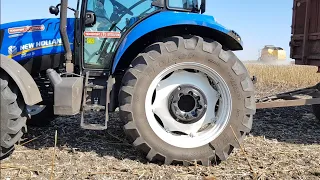 New  Holland T5 110 S Тест-драйв с прицепом. Уборка подсолнуха