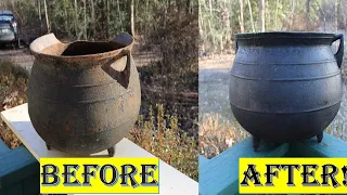 Restoring A 250+ year old Cast Iron Cauldron! Rust Removal and Seasoning. FFE#28