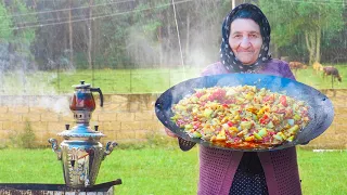 Grandma Made Delicious Ajapsandali In The Forest, ASMR Video, Outdoor Cooking