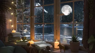 Snowy Mountain Lake House with Full Moon View / Relaxing Snow and Wind Sounds