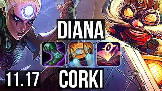 DIANA vs CORKI (MID) | 9/0/2, Legendary, 500+ games | NA Diamond | v11.17