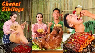 Natural Food Outdoor Cooking|Mukbang Pig Head Eating Challenge|Sister Chanzi Make Pork Belly Recipes