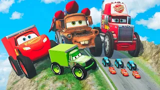 Big & Small Lightning McQueen vs Small Pixar Cars with Big Wheels in BeamNG Drive!