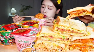 ASMR MUKBANG | K-STREET TOAST AT HOME ☆ SAMYANG BULDAK FIRE NOODLES (3 FLAVORS)