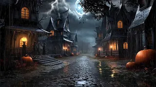 Stormy Halloween Village🌧️ Rain Sound, Thunderstorm Sounds | Rainy Halloween Ambience🎃