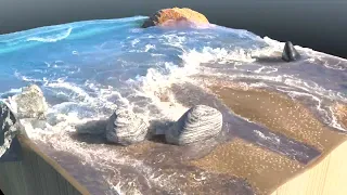 Blender 3D: MantaFlow (FLIP) fluid beach scene and flooding corridor.