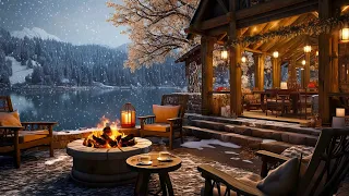 Winter Porch Ambience ❄️ Snowy Day with Smooth Jazz Music, Snowfall and Crackling Fireplace to Relax