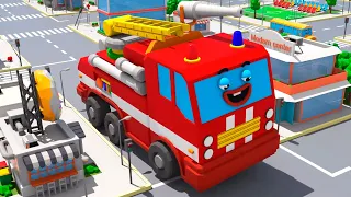 Red Fire Truck in the City w AMBULANCE! 3D Animation for Children Cars Team Cartoons