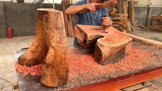 Woodworking From A Tree Stump To A Sturdy Two- Legged Table With A Pair Of Swallows As A Highlight