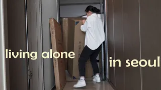 living alone in seoul | HUGE home unboxing, new couch, dining table, building furniture, kitchenware