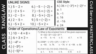 Basic MATH to Civil Service Style questions: Unlike Signs, Order of Operations (PEMDAS), Exponents