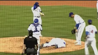 Pitcher hit in head by line drive