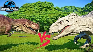 Original Skin Trex, I-Rex, Spinosaurus, Giga Dinosaurs Fighting in Jurassic World Evolution Park