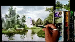 Watercolor Landscape Painting for Beginners: River, Trees & Clouds.