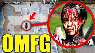 DRONE CATCHES BLOODY WEDNESDAY ADDAMS SKATEBOARDING AT HAUNTED SKATEPARK!! (SHE CAME AFTER US!!)