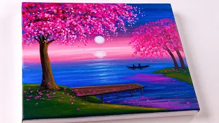 How to Paint Cherry Blossom Tree at Moonlight | Landscape Painting | Easy for Beginners