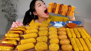 Mini hot dogs, cheese balls, cheese sticks MUKBANG