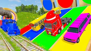 New Funny Cars vs Flatbed Trailer Truck Rescue Bus - Cars vs Rails and Train - Cars vs Deep Water