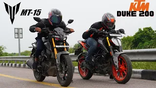 Duke 200 with LED vs MT15 Drag Race," Yamaha MT5 vs KTM Duke 200"