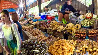 Cambodian street food - Walking at countryside wet fresh fruit, grilled chicken fish, snail & more