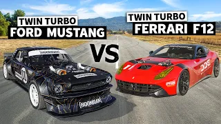 FORD vs FERRARI! DDE's Twin Turbo F12 vs Lia Block's 1400hp AWD Mustang // Hoonicorn vs The World 2