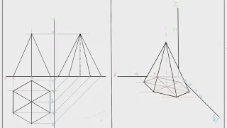 Assonometria obliqua dimetrica o cavaliera di una piramide retta a base esagonale